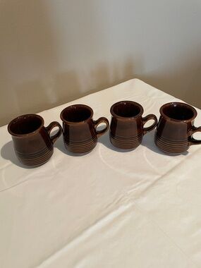 FOUR Vintage Bel Terr Brown Glazed Ceramic Coffee Mugs with Textured Ribbed Base
